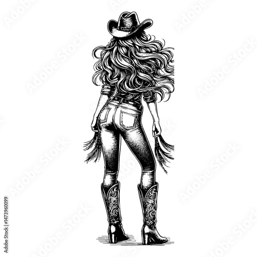 cowgirl with flowing hair sketch engraving black and white outline. Scratch board imitation.