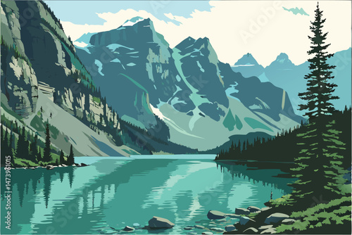 105 stunning mountain lake, crystal clear water, turquoise blue hues, lush green forests, majestic peaks, dramatic landscape, natural beauty, serene atmosphere, reflections, underwater details, vivid 