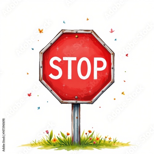 a cute cartoon stop sign with a hand waving watercolor effect white background