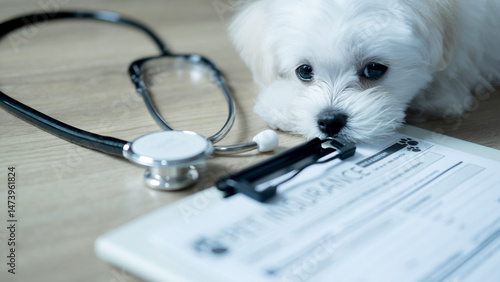 Cute Maltese puppy lies beside a stethoscope and a pet insurance form on a wooden floor, representing health care planning for beloved pets.