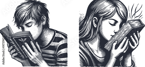 Woodcut Engraving Design of Teen Enjoying New Book Smell – Vintage Style Art of Youth Holding and Smelling Fresh Pages – Book Lover Aesthetic for Print, Craft, or Wall Decor
