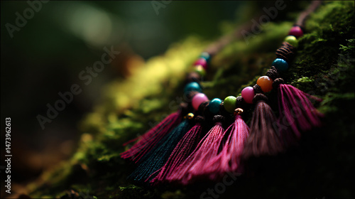 Bohemian macrame necklace with slanted astragal and tassels.