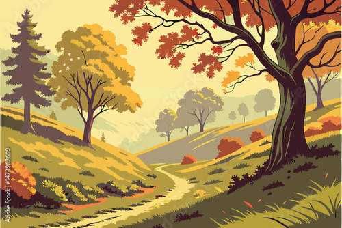 106 digital art, stunning autumn landscape, colorful trees, vibrant foliage, winding path, rolling hills, misty atmosphere, warm sunlight, detailed scenery, serene and peaceful, realistic style, intri