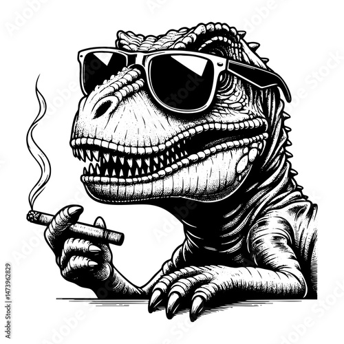 Tyrannosaurus wear sunglasses and smoking cigar sketch engraving black and white outline. Scratch board imitation.  illustrated in vintage line art style on a white background.