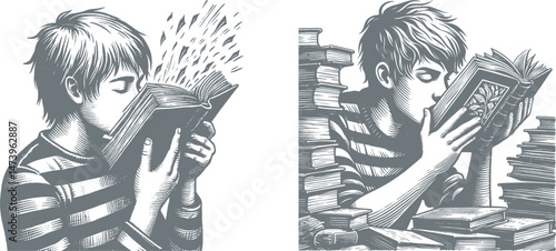 Teen Smelling New Book Pages Engraving | Woodcut Style Design of Youth Reading Lover | Vintage-Inspired Line Art | Book Lover Aesthetic for Engraving, or Print Projects

