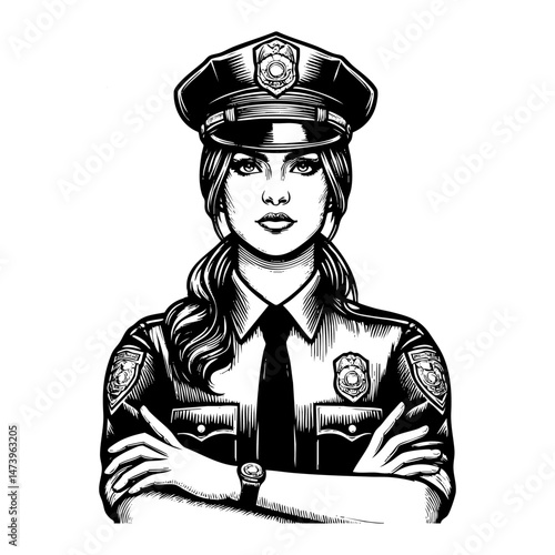 Police woman sketch engraving black and white outline. Scratch board imitation.  illustrated in vintage line art style on a white background.