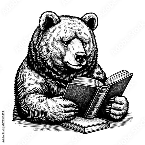 Grizzly bear reading newspaper sketch engraving black and white outline. Scratch board imitation.