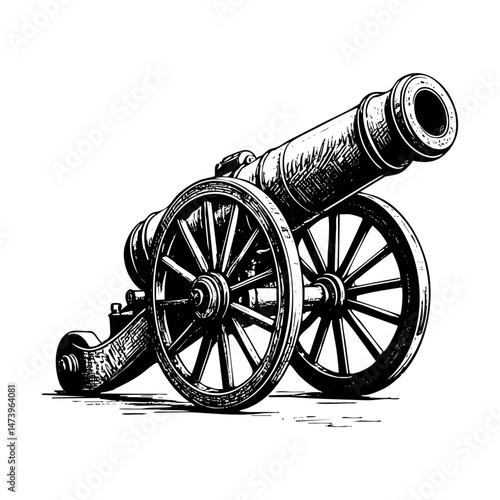 Cannon engraving black and white outline. Scratch board imitation. illustrated in vintage line art style on a white background.
