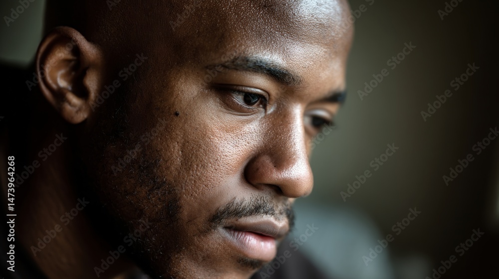 Obraz premium Man in deep thought, looking down with focus. Introspection and quiet determination in a moment of reflection.