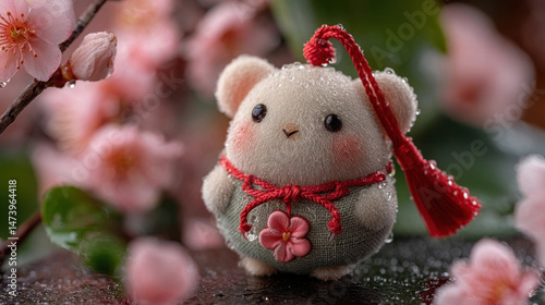 Wallpaper Mural Cute plush bear figurine adorned with red tassel and flower, surrounded by cherry blossoms Torontodigital.ca
