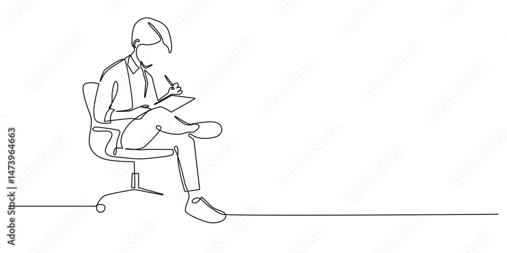 continuous line of business man sitting on chair and writing on notepad.one line drawing for businessman,office worker.line art vector illustration continuous line of business man sitting on chair and writing on notepad.one line drawing for businessman,office worker.line art vector illustration