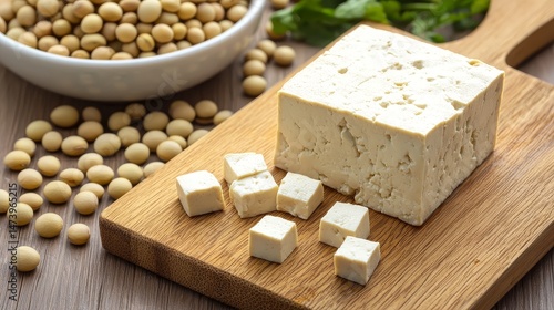 Tofu block on a wooden board with soybeans in the background. Plant-based protein unprocessed concept.