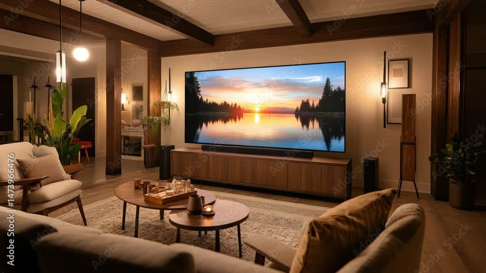 Luxurious living room with large screen displaying scenic sunset Luxurious living room with large screen displaying scenic sunset