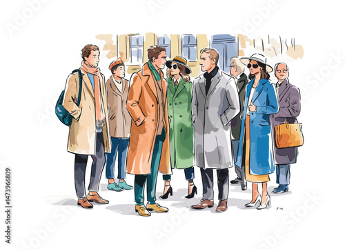 A watercolor illustration of diverse stylish men and women outdoors