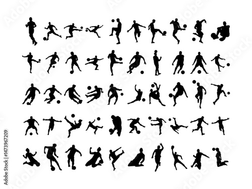 Silhouette Collection of Soccer Players in Action Poses on White Background