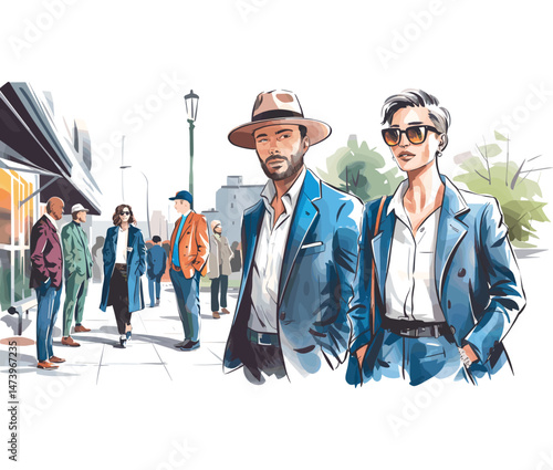 A watercolor illustration of diverse stylish men and women outdoors