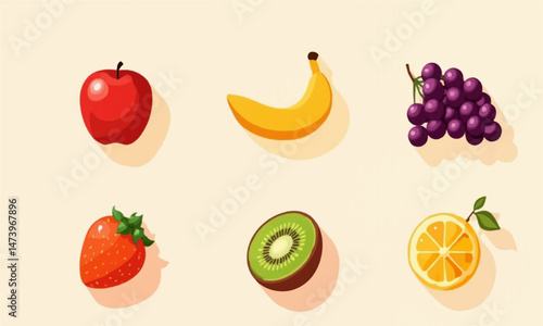 Fruits vector icon set featuring colorful illustrations of apples, bananas, strawberries, grapes, oranges, and watermelons in a clean, playful style—ideal for food, health, or summer-themed designs.