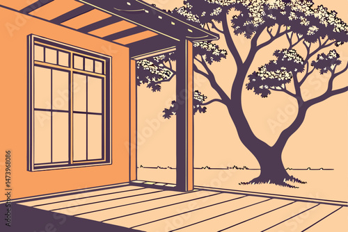 108 orange wall, tree with long shadows, wooden floor, minimal, architectural, serene, natural lighting, cinematic