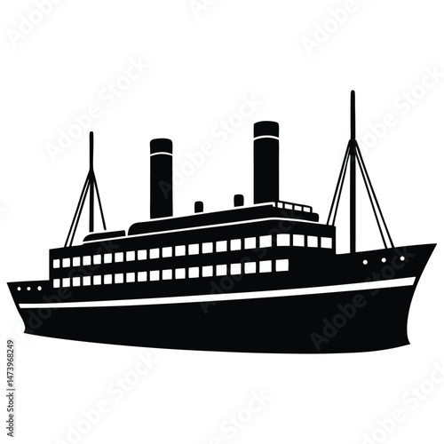 Classic Passenger Ship Silhouette Vector – Minimal Black Cruise Liner Illustration for Marine Travel, Sea Transport, Nautical Design, and Ocean Voyage Projects