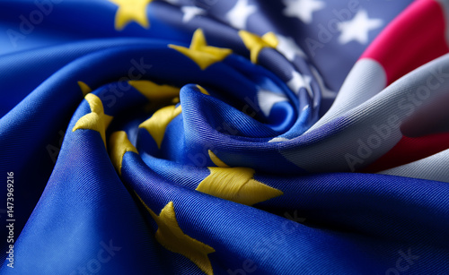 Close-up of intertwined European Union and United States flags, symbolizing transatlantic relations and cooperation.
