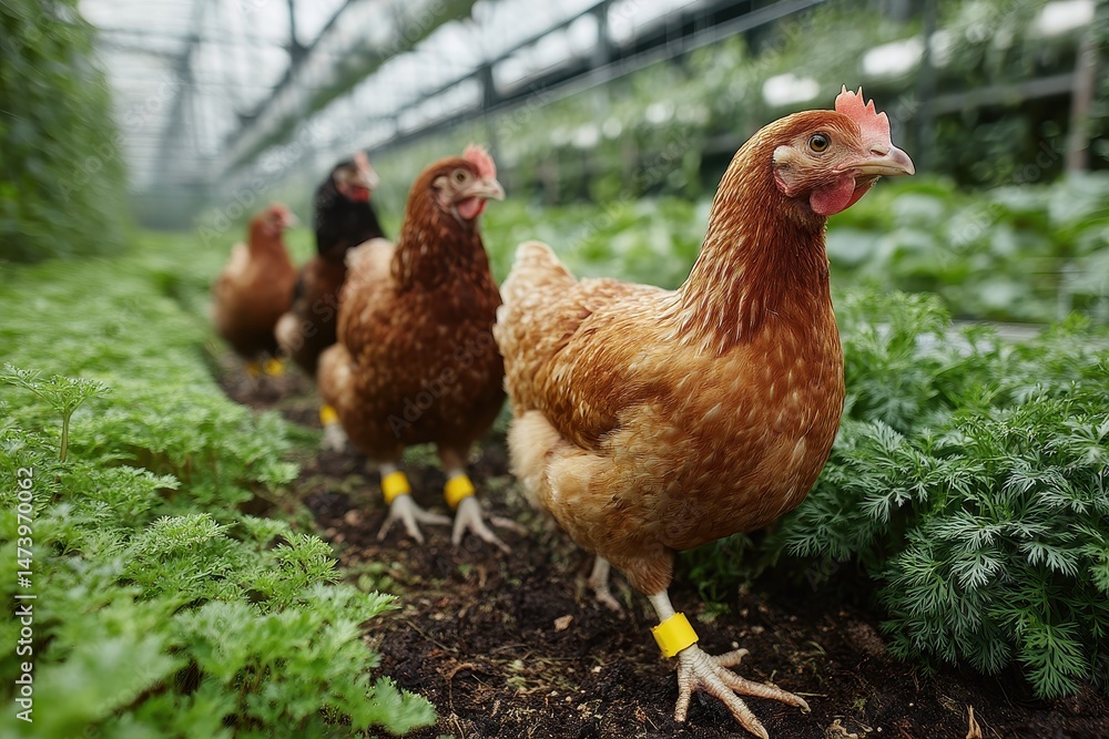 Fototapeta premium Chickens Roaming in Greenhouse with RFID Leg Bands Walking Among Fresh Vegetables