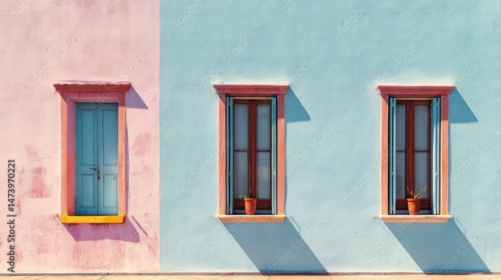 Obraz premium Pastel facade with simple details, a clean urban backdrop. Minimalist charm in soft daylight.