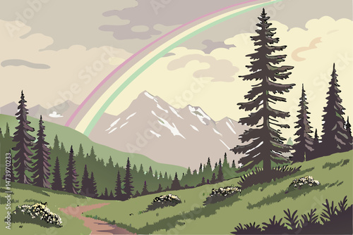 109 beautiful watercolor landscape, vibrant rainbow arc stretching across the sky, lush evergreen forest with towering pine trees, snow-capped mountain peaks in the distance, dramatic cloudy sky with 
