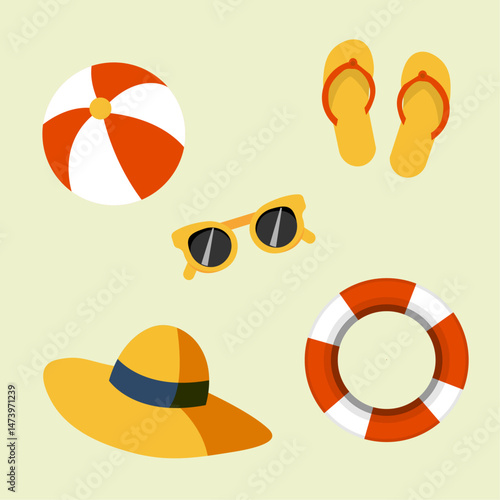 items for the summer season for the beach on the sand glasses circle sneakers ball hat