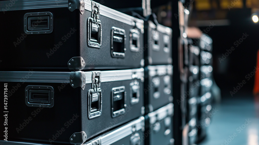 Stacked black road cases with metal edges in a backstage or equipment storage area.
Stacked black road cases with metal edges in a backstage or equipment storage area.