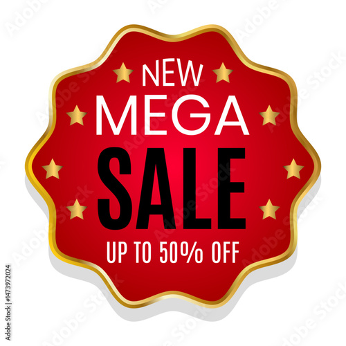 New Sale Mega Super Discount New Offer Gift Ticket Coupons Set with Discount Color Red Black Gold White 50 75% Percent Vector Element Template Coupon Tag Design Star Shape