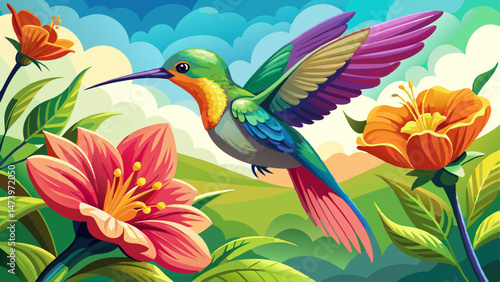  portrait A hummingbird hovering in midair near a brightly colored flower, collecting nectar Very beautiful