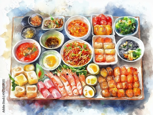 Wallpaper Mural Watercolor illustration of an elegant arrangement of assorted asian appetizer dishes including shrimp, tofu, vegetables, and eggs on a rectangular serving platter. Torontodigital.ca