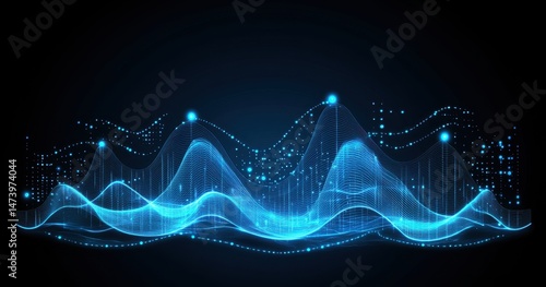Abstract data visualization, showing a series of luminous, light-blue waveforms and data points against a dark background.