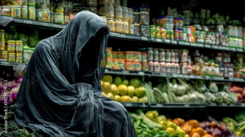 Processed food transforms into a grim reaper's cloak with rotting produce, symbolizing the deadly impact of unhealthy diets.