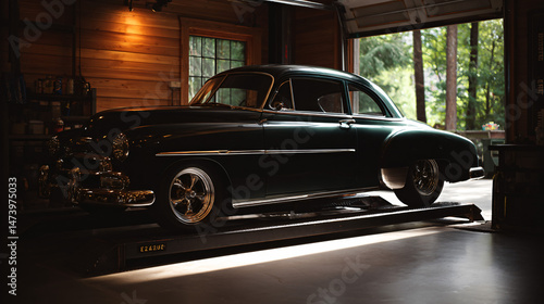 A vintage car being lifted on a hydraulic lift in a garage.