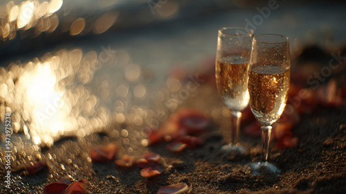 Champagne flutes baby-sit on a sandlike beach near rose petals, symbolizing a amatory goner and seaside celebration.