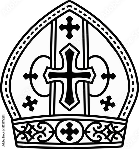 Bold Line Art Pope Mitre with Cross Motifs – Black and White Religious Headdress Vector Illustration
