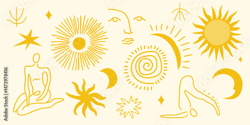 Collection of yoga doodle linear icons and vector elements. Bohemian style minimalist illustrations. Sun, moon, stars, body in boho style. Abstract design for wall art, decoration, wallpaper