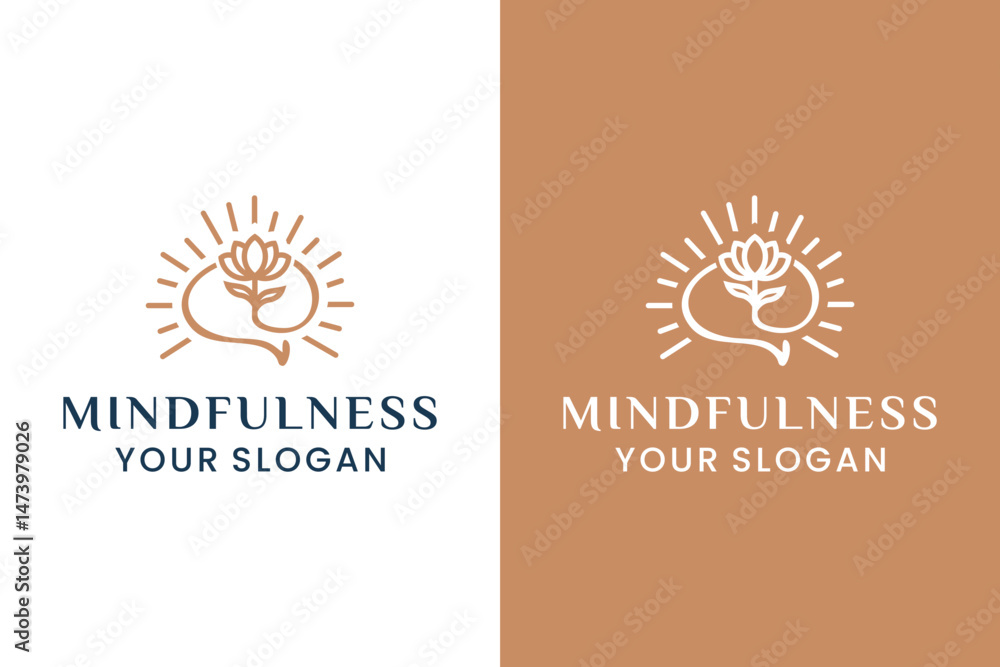 Fototapeta premium Mindfulness Logo design, Brain and Growth of Blooming Flower Plants Logo Design