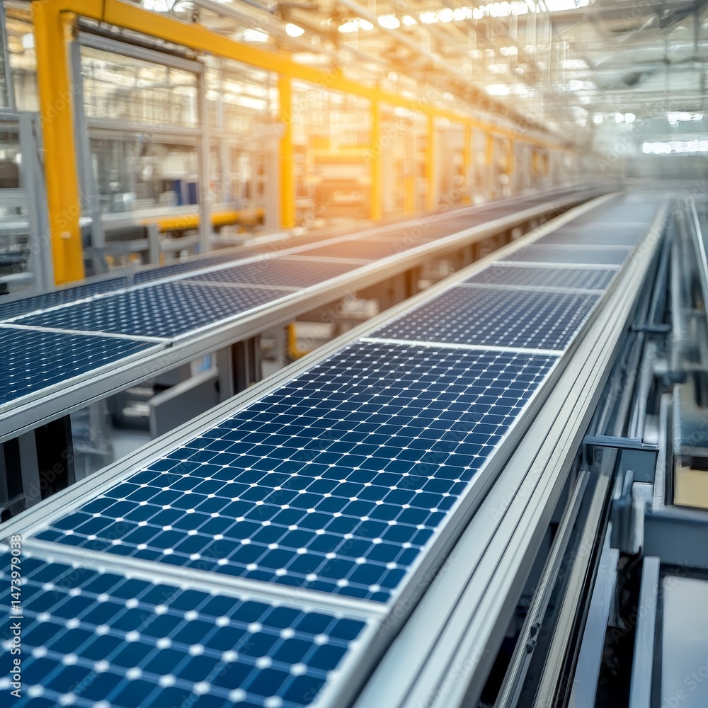 Solar panels on a production line in a modern manufacturing facility. Sustainable manufacturing and carbon footprint concept. Solar panels on a production line in a modern manufacturing facility. Sustainable manufacturing and carbon footprint concept.