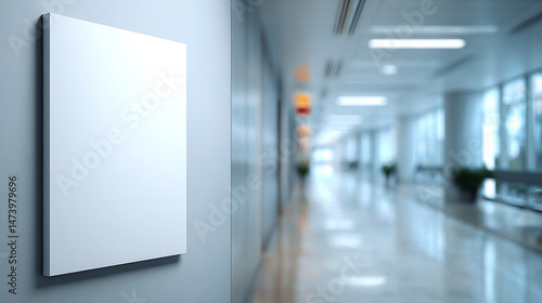 Mockup poster on wall in hospital corridor. Empty white A4 paper for text, ad, presentation, advertising, marketing. Medical center clinic interior. No people, blur background.