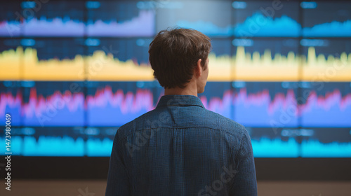 Business Analyst Observing Data on Wall-Mounted Screens