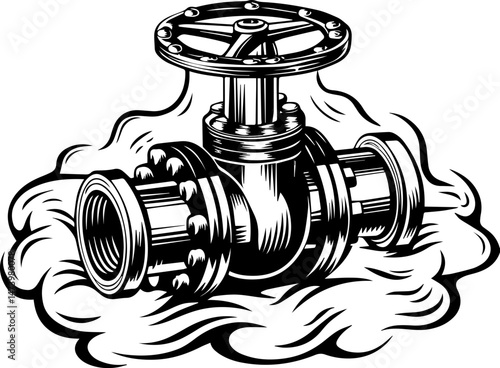 SVG vector depicting a hacker launching cyber and physical attacks in a digital warfare scenario. Vintage Industrial Valve with Steam and Pipework in Black and White