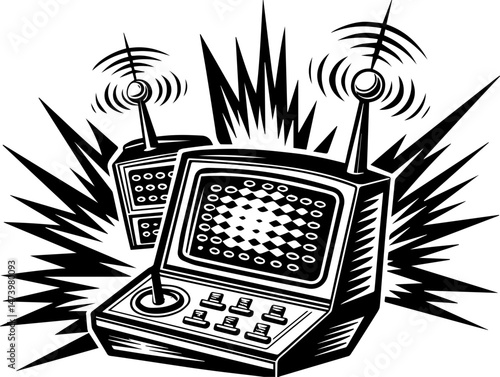 SVG vector depicting a hacker launching cyber and physical attacks in a digital warfare scenario. Vintage Radio Controls with Signal Waves and Sound Effects