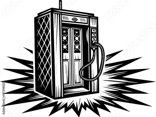 SVG vector depicting a hacker launching cyber and physical attacks in a digital warfare scenario. Vintage Telephone Booth with Classic Design and Burst Effect