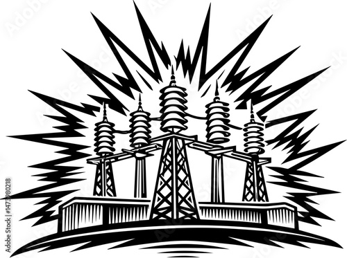 SVG vector depicting a hacker launching cyber and physical attacks in a digital warfare scenario. High Voltage Electricity Substation with Power Lines and Sparks