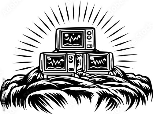 SVG vector depicting a hacker launching cyber and physical attacks in a digital warfare scenario. Vintage TV Design with Wave Motif and Radiating Sunburst Effect