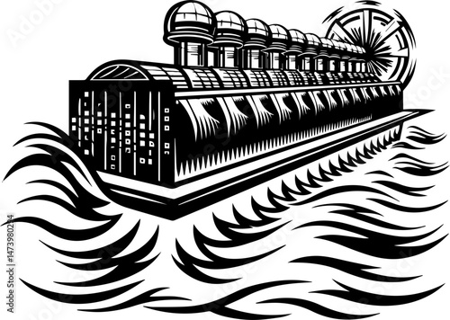 SVG vector depicting a hacker launching cyber and physical attacks in a digital warfare scenario. Abstract Black and White Ship Illustration with Artistic Waves