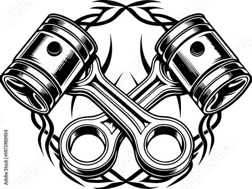 SVG vector depicting a hacker launching cyber and physical attacks in a digital warfare scenario. Vintage Engine Piston and Connecting Rod Illustration with Emblems