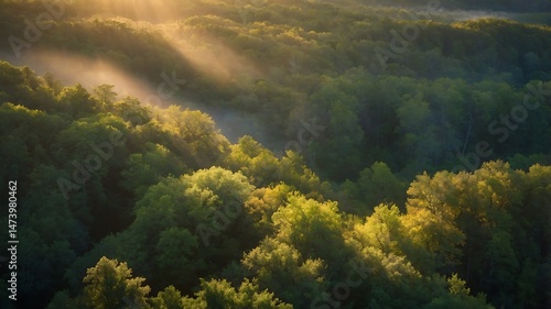 An aerial view of a dense temperate forest canopy